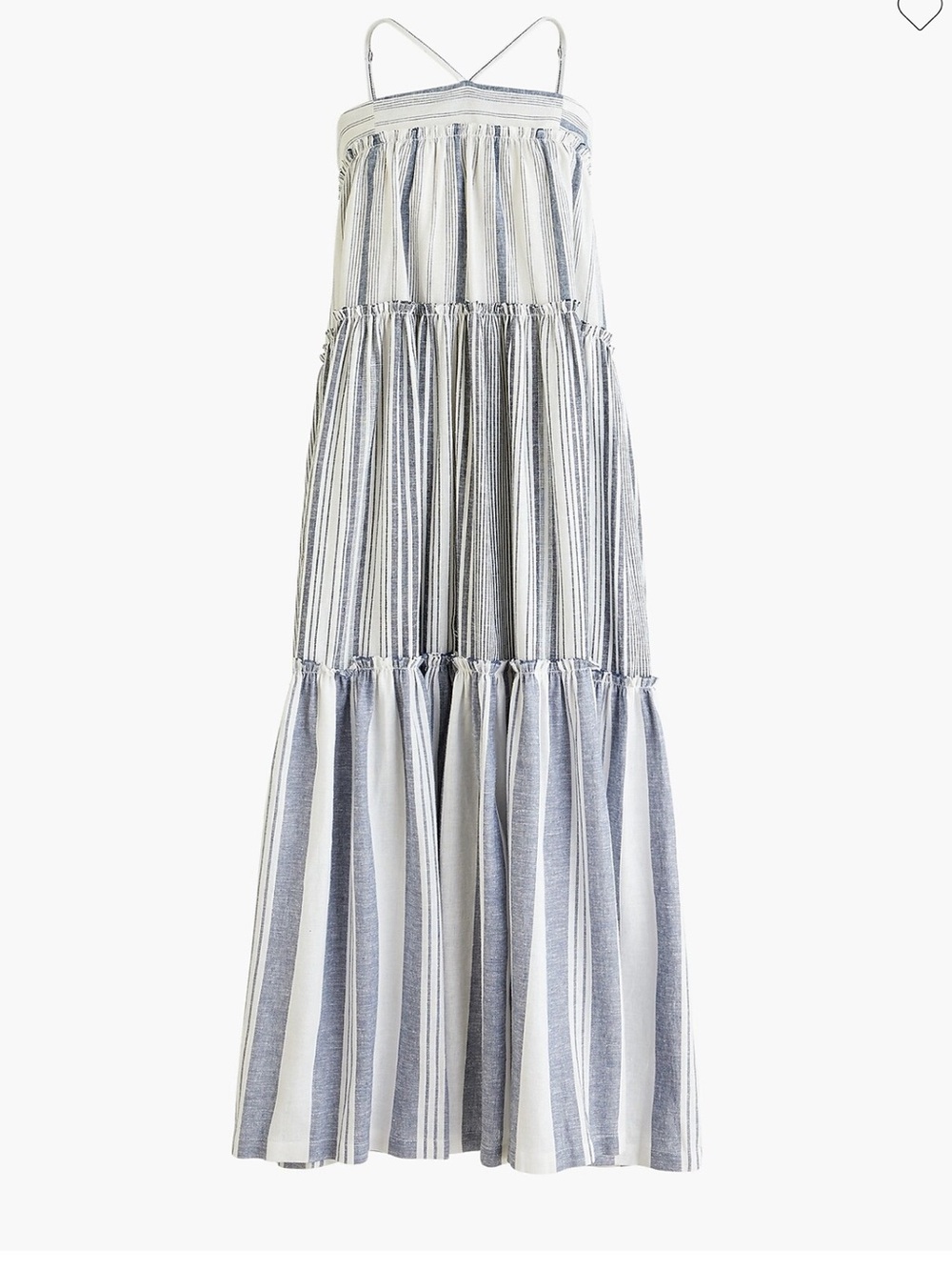 J. Crew Blue and White Striped Tiered Maxi Chambray Cover-Up Dress NWT